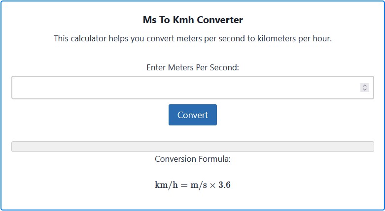 Ms To Kmh Converter / Meters Per Second to Kilometers Per Hour